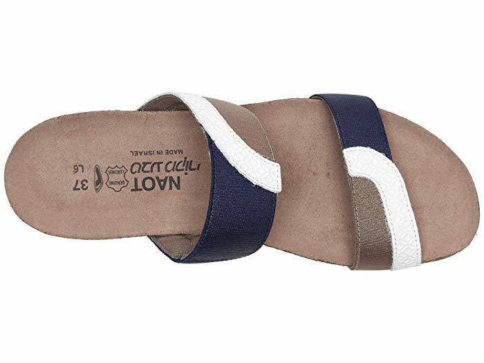 Naot Women's Frankie White Diamond Leather Shiny Blue Elastic Khaki Patina Elastic Sandal - Image 5